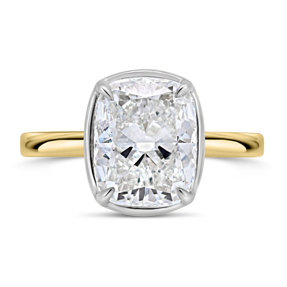 Elongated Cushion Cut Engagement Ring with 3.50 Carat Lab Created Diamond in 14kt Yellow Gold